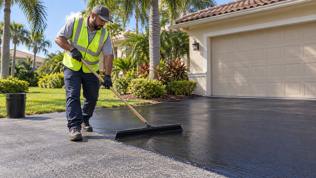 Crew member squeegeeing sealer onto a driveway by hand