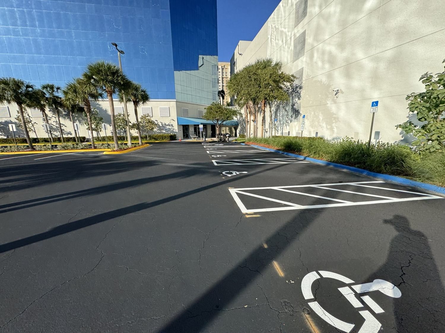 Rebuilt ADA stalls — blue curb, hatched aisles, fresh stencils.